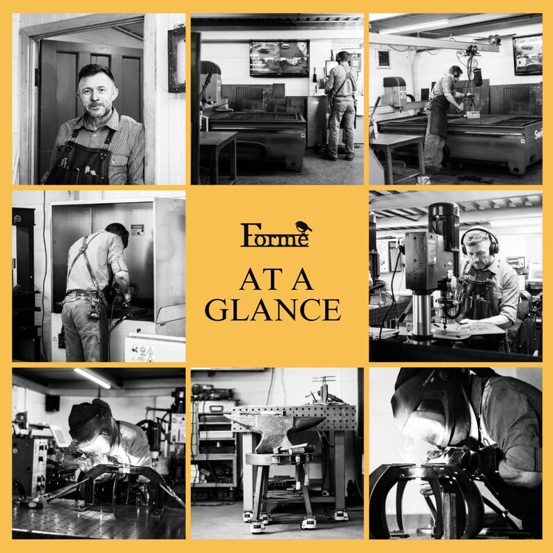 Collage of photos of Tim at work in the workshop, making various items and using different machines. With the Forme Logo in the middle and TEXT 'AT A GLANCE'