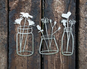 Jarrones de acero para flores: decoración rústica de pared, individuales o en juego de tres.