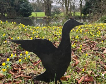 Jim el Pato. Arte de jardín en acero. Decoración de jardín. Adorno oxidado.