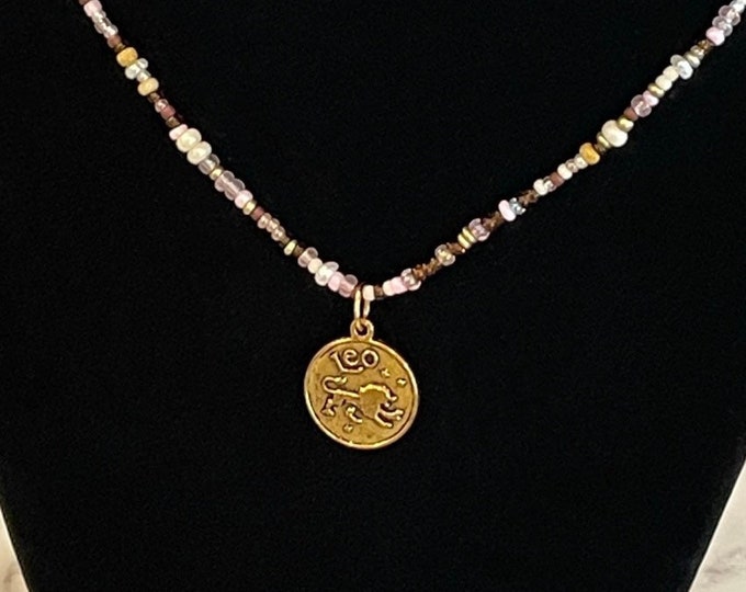 Leo Zodiac Necklace with Pink, Gold, Brown & Beige Beads