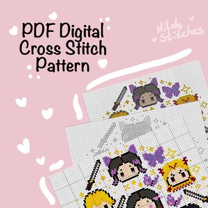 May include: A PDF digital cross stitch pattern featuring anime-style characters. The design includes characters with swords, butterflies, and other decorative elements. The background is a light pink with white hearts.