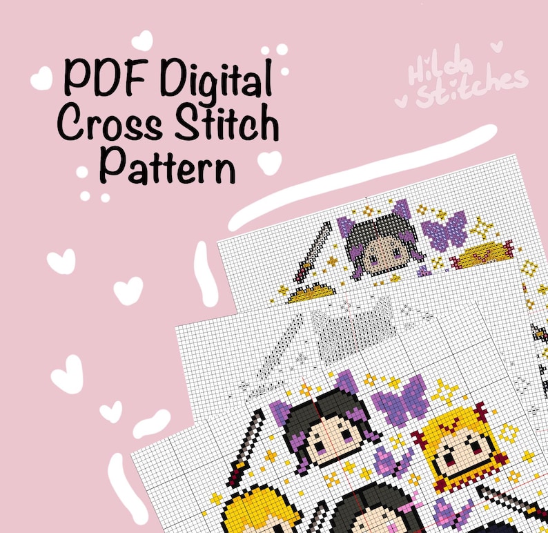 May include: A PDF digital cross stitch pattern featuring anime-style characters. The design includes characters with swords, butterflies, and other decorative elements. The background is a light pink with white hearts.