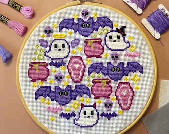 Digital Halloween Witchy Vibes Cross Stitch Pattern: Witch, Ghost, Cauldron, Coffin (PDF Pattern)