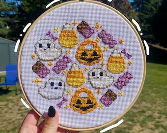 Digital Halloween Cross Stitch Pattern: Ghosts, Candy, Trick or Treat (PDF Download)