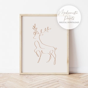 Christmas Reindeer Print - PRINTABLE WALL ART - Xmas Digital Download, Modern Line Art Poster - Christmas Decor - Deer Art Print