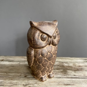 May include: A brown ceramic owl figurine with a textured surface and large, round eyes. The owl is standing on a wooden surface.