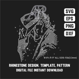 May include: A rhinestone design template on a black background. The design features a detailed image of a woman's face and hair, created with sparkling rhinestones. The image is 8" x 11" (20.3cm x 27.9cm). Text includes "RHINESTONE DESIGN. TEMPLATE, PATTERN DIGITAL FILE INSTANT DOWNLOAD."
