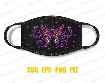May include: A black face mask with a purple and orange butterfly rhinestone design. The mask is decorated with sparkling rhinestones. The text "SVG EPS PNG PLT" is printed below the mask.
