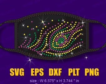 May include: Rhinestone template for a face mask with a swirl design in gold, green, and purple rhinestones. The template is 7 inches wide by 4 inches tall. SVG, EPS, DXF, PLT, and PNG files are included.