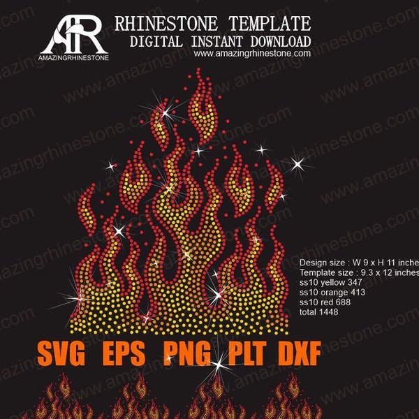 Fuego, Plantilla Blaze Rhinestone, Sin costuras, archivo de descarga instantánea digital svg eps png, Archivo de corte.