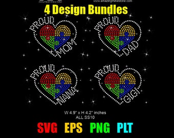 4 Design Small Heart Autism puzzle rhinestone template file, svg, eps, png, dot arts, Pattern, DIY, rhinestone craft