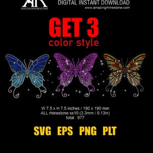 GET 3 style/ Butterfly rhinestone template, pattern, instant download svg, plt ,png ,eps