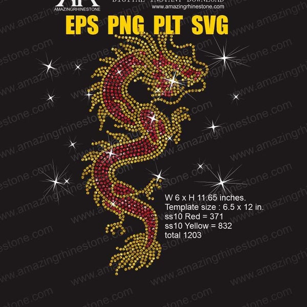 Modèle de strass Dragon chinois, téléchargement immédiat des fichiers coupés. svg