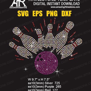 May include: Rhinestone template design for a bowling ball and pins. The design is 9.7 inches wide and 7.5 inches tall. It uses 725 silver, 265 purple, and 122 red rhinestones, for a total of 1112 rhinestones.