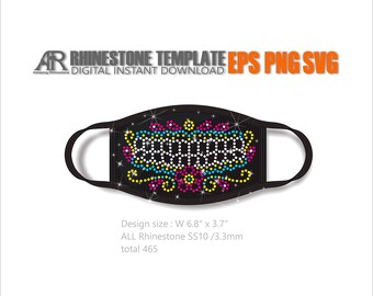 May include: Rhinestone template for a face mask with the word "Grandma" in pink, yellow, and blue rhinestones. The design is 6.8 inches wide by 3.7 inches tall and uses 465 SS10 rhinestones.