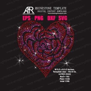 Plantilla de corazón de rosa grande con diamantes de imitación, descarga instantánea digital, archivo de corte svg, eps, png.