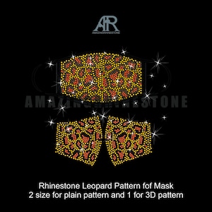 May include: Three rhinestone leopard print patterns for a face mask. Two patterns are for a plain mask and one pattern is for a 3D mask.