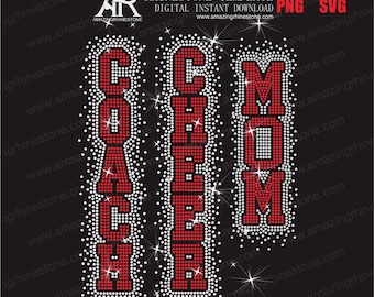 May include: A black digital rhinestone template with the words "COACH", "CHEER", and "MOM" in red, outlined with white rhinestones. The design includes sparkling starbursts and website information.