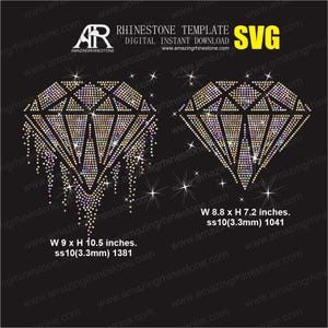 May include: Digital rhinestone template featuring two diamond designs with dripping effects. The larger diamond measures 9 x 10.5 inches, while the smaller one is 8.8 x 7.2 inches. The image includes the text "RHINESTONE TEMPLATE SVG".