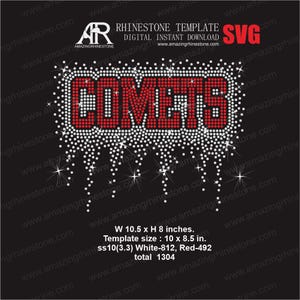 Könnte beinhalten: Schwarze digitale Strassvorlage mit dem Wort "COMETS" in Rot, umrandet von weißen Strasssteinen. Das Design beinhaltet einen Tropfeffekt mit Sternen-Akzenten. Die Vorlagengröße beträgt 25,4 x 21,6 cm.