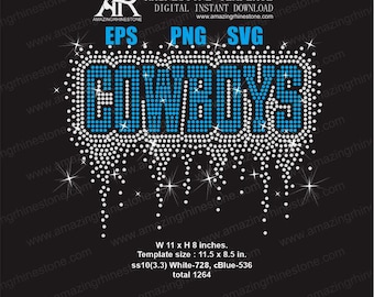 May include: A digital rhinestone template design on a black background. The word "COWBOYS" is spelled out in blue rhinestones, outlined with white rhinestones. The design includes sparkling accents and text that reads "EPS PNG SVG".