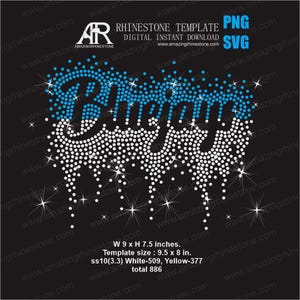 May include: A digital rhinestone template design with the word "Bluejays" in blue and white rhinestones. The design is on a black background and includes the text "RHINESTONE TEMPLATE DIGITAL INSTANT DOWNLOAD PNG SVG". The template size is 9.5 x 8 inches.