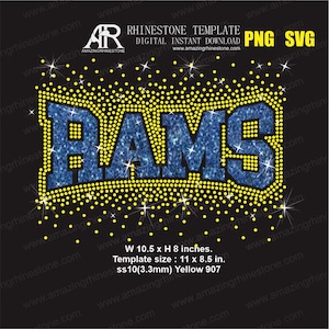 Puede incluir: Plantilla digital de pedrería con la palabra "RAMS" en azul, delineada con puntos amarillos y detalles de estrellas. El tamaño de la plantilla es de 27,9 x 21,6 cm, con un diseño de 26,7 x 20,3 cm.