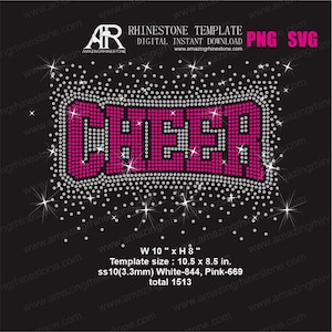 Puede incluir: Plantilla digital de pedrería con la palabra "CHEER" en rosa, delineada con pedrería blanca, sobre un fondo negro. La plantilla mide 10,5 x 8,5 pulgadas, con un total de 1513 pedrerías. Incluye acentos de estrellas. El diseño es de 26,67 cm x 21,59 cm.