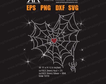 May include: A rhinestone template design featuring a spider web with a red heart at the center. The web is made of silver rhinestones, and a small spider hangs below. The design is 11 inches wide and 12.6 inches high.