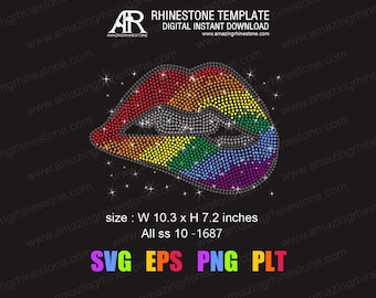 Sexy Biting Lip Rainbow rhinestone template instant download file svg eps png, Pride Month, LGBTQ flag.