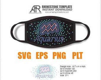 May include: A black face mask with a rhinestone design of the zodiac sign Aquarius. The design includes blue, purple, and pink rhinestones. The text "Aquarius" is written in blue rhinestones below the sign. The design size is 7 inches wide by 4 inches high. The design uses 120 crystal, 203 nyacinth, and 48 citrine rhinestones, for a total of 371 rhinestones.