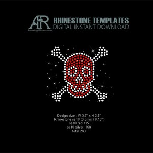 May include: Red and white rhinestone skull and crossbones design. Design size: 3.7 inches wide by 3.6 inches high. Rhinestone size: ss10 (3.3mm/0.13 inches). 115 red ss10 rhinestones and 168 silver ss10 rhinestones. Total 283 rhinestones.
