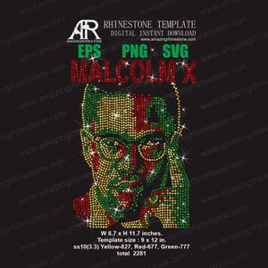 Może przedstawiać: Wzór szablonu z kryształkami z wizerunkiem Malcolma X. Wzór składa się z czerwonych, zielonych i żółtych kryształków. Rozmiar szablonu to 23 x 30 cm. Wzór wykorzystuje 827 żółtych, 677 czerwonych i 777 zielonych kryształków, co daje w sumie 2281 kryształków.