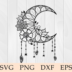 May include: Black and white line art design of a crescent moon with floral details and dangling stars and feathers.