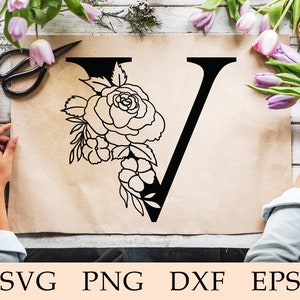 Alfabeto de flores svg, Letra Floral V svg, Alfabeto Floral V svg, Inicial V svg, Carta Botánica V svg, Flor V Fuente, Monogram V, svg