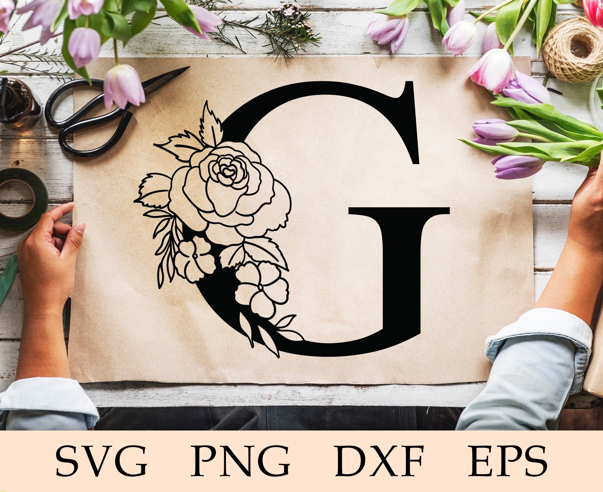 Floral letter G svg, Initial letter G with flower, Monogram