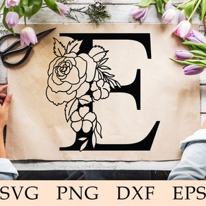 Alfabeto de flores svg, Letra Floral E svg, Alfabeto Floral E svg, Inicial E svg, Carta Botánica E svg, Flor E Fuente, Monogram E, svg