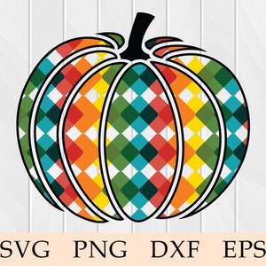 May include: A colorful pumpkin with a checkered pattern in shades of red, orange, yellow, green, and blue. The pumpkin is outlined in black.