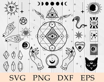 魔女の svg バンドル、神秘的なデザイン、魔術、天体、ウィジャ、魔法、月の満ち欠け、水晶玉、タロット カード、魔女の手、クリスタル、svg