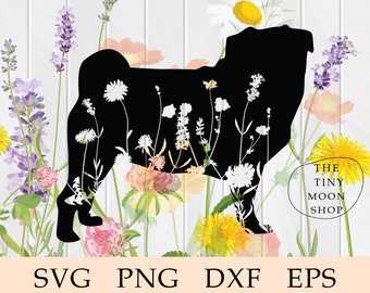 Floral Pug Silhouette svg, Flower Pug svg, Pug Silhouette svg, Pug svg, Cute Pug, Pug with Flowers, Pug Lover,Cut File,Cricut,svg,Clip Art