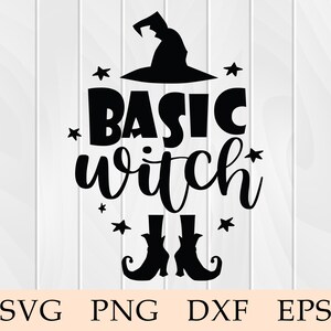May include: Black and white graphic design featuring a witch's hat, the text "Basic Witch", and a pair of witch's boots.