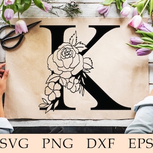 Alfabeto Floral svg, Letra Floral K svg, Alfabeto Floral K svg, Inicial K svg, Carta Botánica K svg, Flor K Fuente, Monogram K, svg