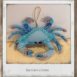 Blue Crab Felt Ornament Hand Sewn Beaded Sequined beach decor Beach themed Christmas Ornament