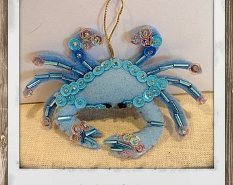 Blue Crab Felt Ornament Hand Sewn Beaded Sequined beach decor Beach themed Christmas Ornament