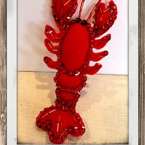 Lobster Felt Ornament Hand Sewn Beaded and Sequined Beach Decor Nautical Theme