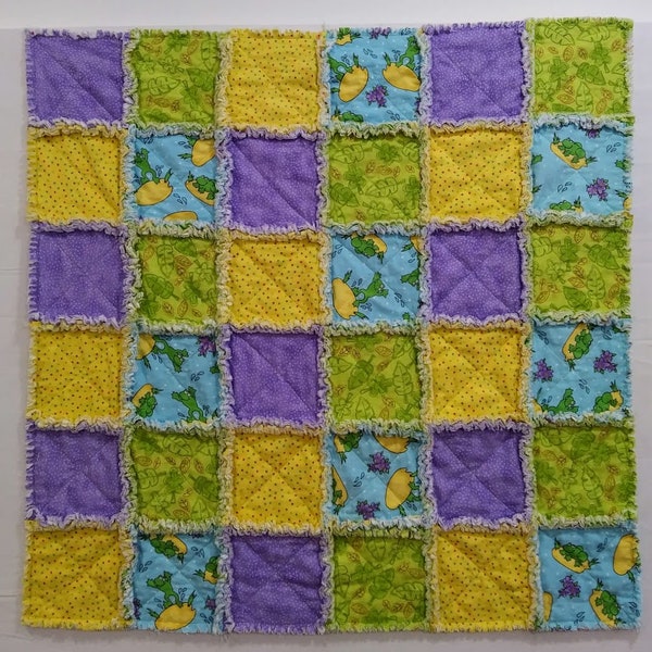 Baby Frogs Purple Lime Green Unisex Flannel Baby Rag Quilt Hand made  35 x 35 inches crib  stroller blanket baby boy baby girl shower gift