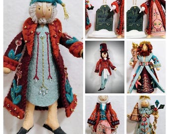 A Christmas Carol Handmade Felt and Beaded Ornaments Made to order Scrooge Marley Ghost of Past Present future made from mmmcrafts pattern.