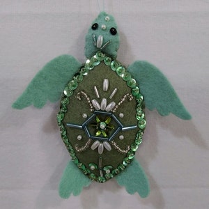 Sea Turtle Felt Ornament Hand Sewn Beaded and Sequined Beach Decor Nautical Theme