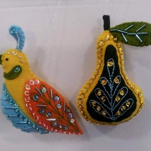 12 Days of Christmas Handmade Felt ornament set of 2 Partridge and Pear Beaded and sequined ornament