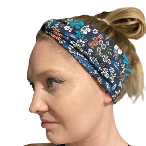 Faux Knot Headband, Twisted Turban Nurse Headband with Buttons for Mask, Blue Paisley Headband, Twist Headband, Stretchy Headband